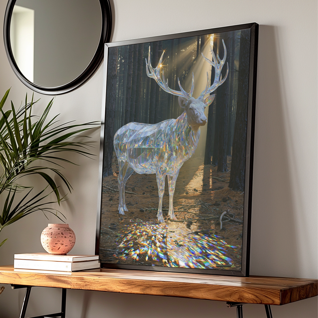 Crystal Stag Forest Poster, Translucent Deer Art Print, Mystical Wildlife Wall Art