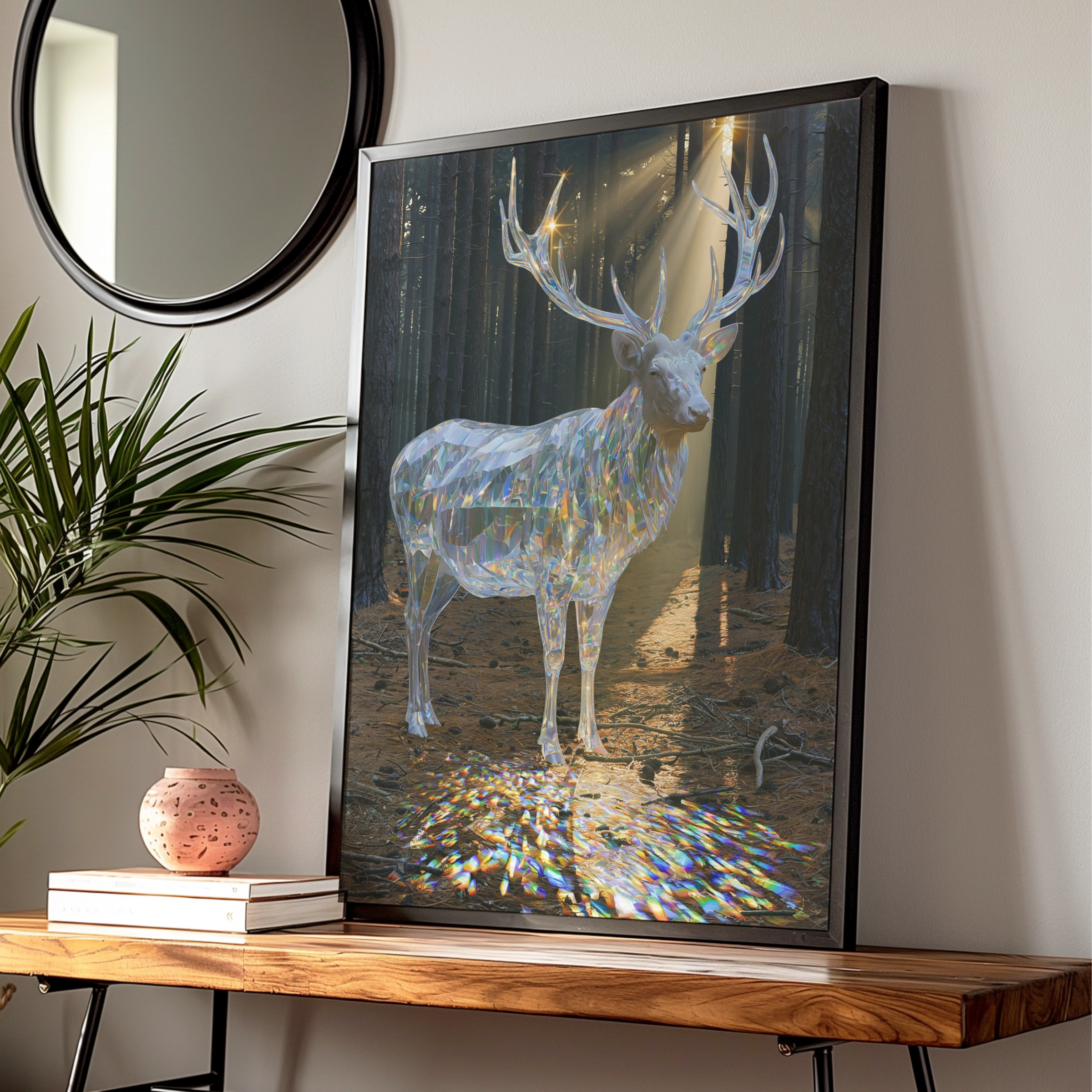 Crystal Stag Forest Poster, Translucent Deer Art Print, Mystical Wildlife Wall Art
