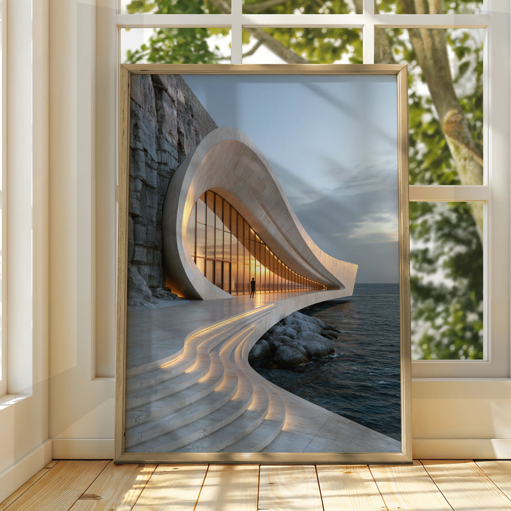 Travertine Sea Architecture Poster, Coastal Curved Building, Modern Art Print