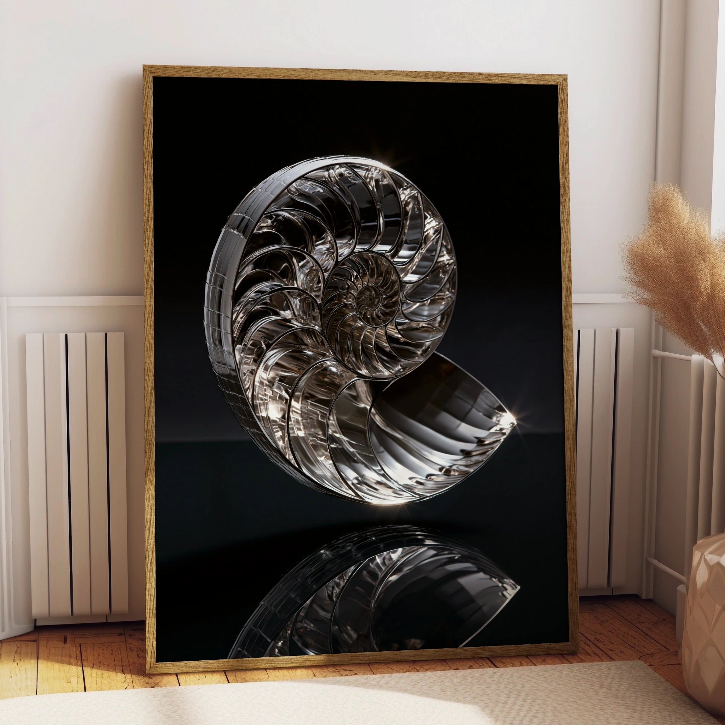 Chrome Nautilus Shell Poster, Silver Spiral Art Print, Modern Minimalist