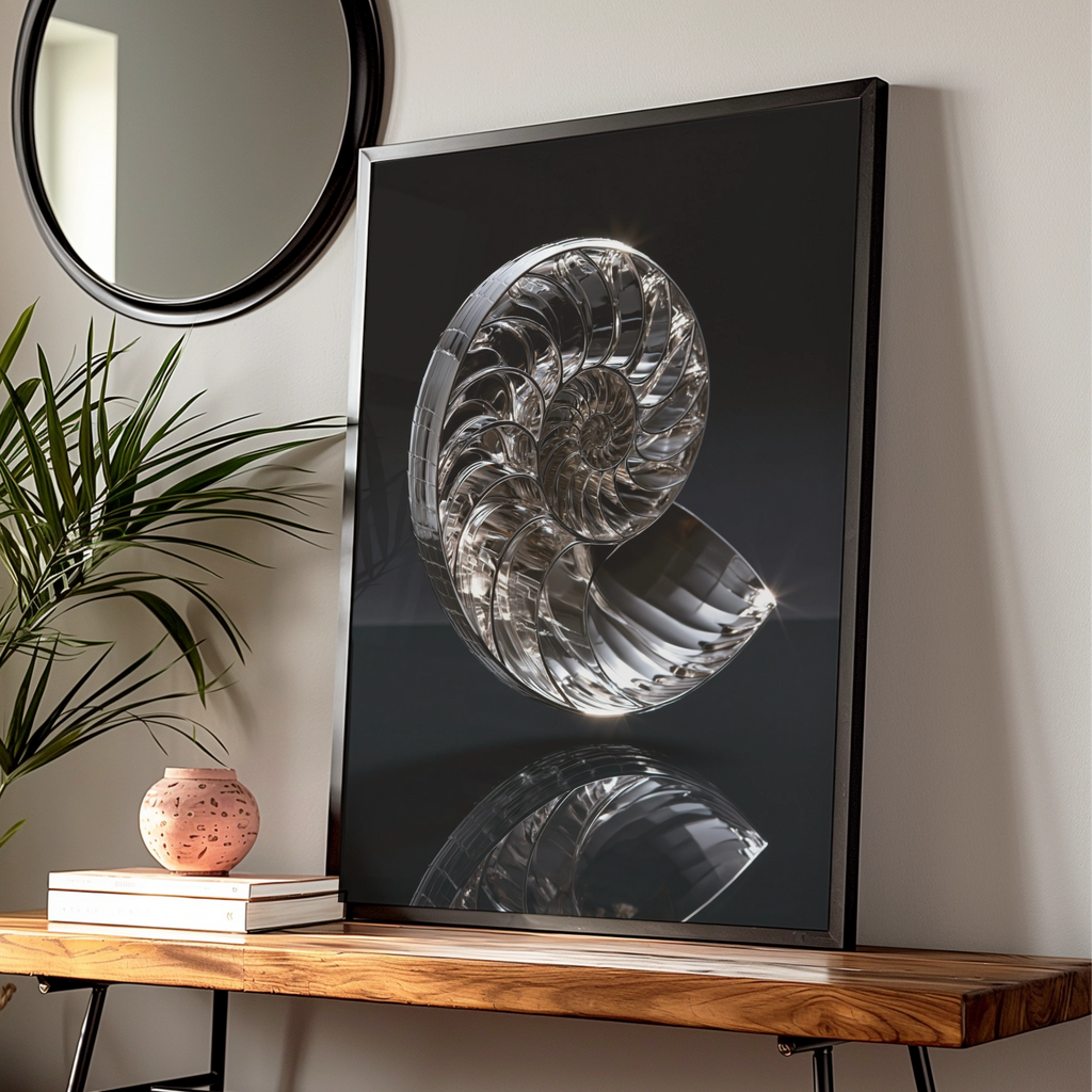 Chrome Nautilus Shell Poster, Silver Spiral Art Print, Modern Minimalist