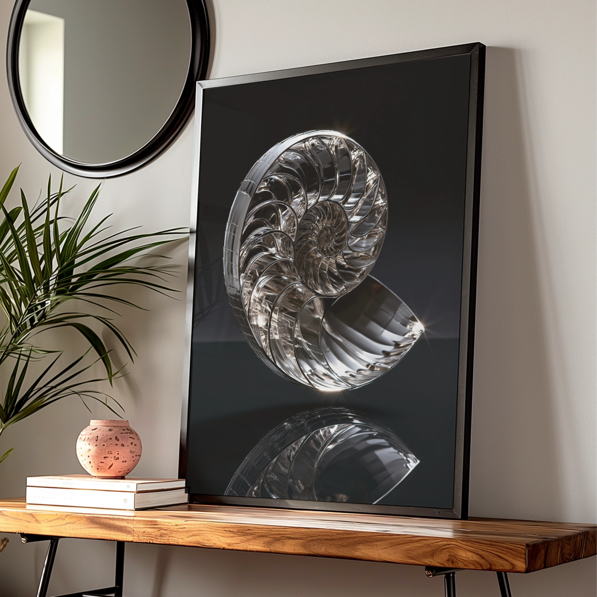 Chrome Nautilus Shell Poster, Silver Spiral Art Print, Modern Minimalist
