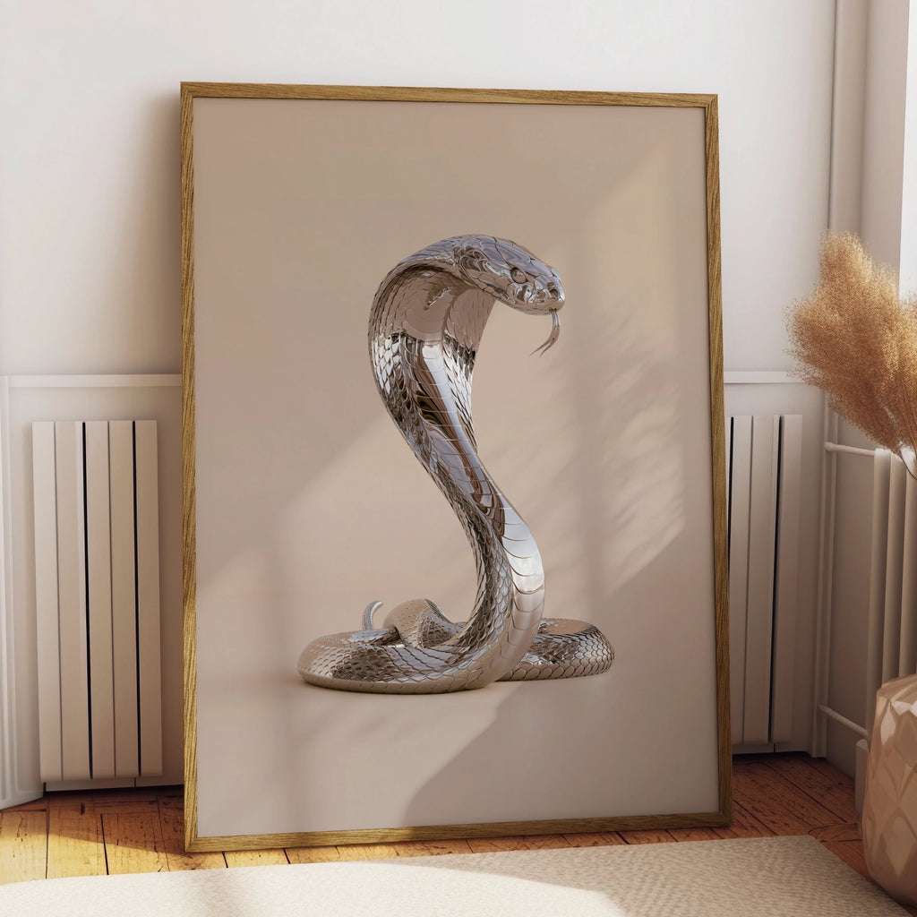 Chrome Cobra Snake Poster, Silver Metallic Wall Art, Modern Animal Print