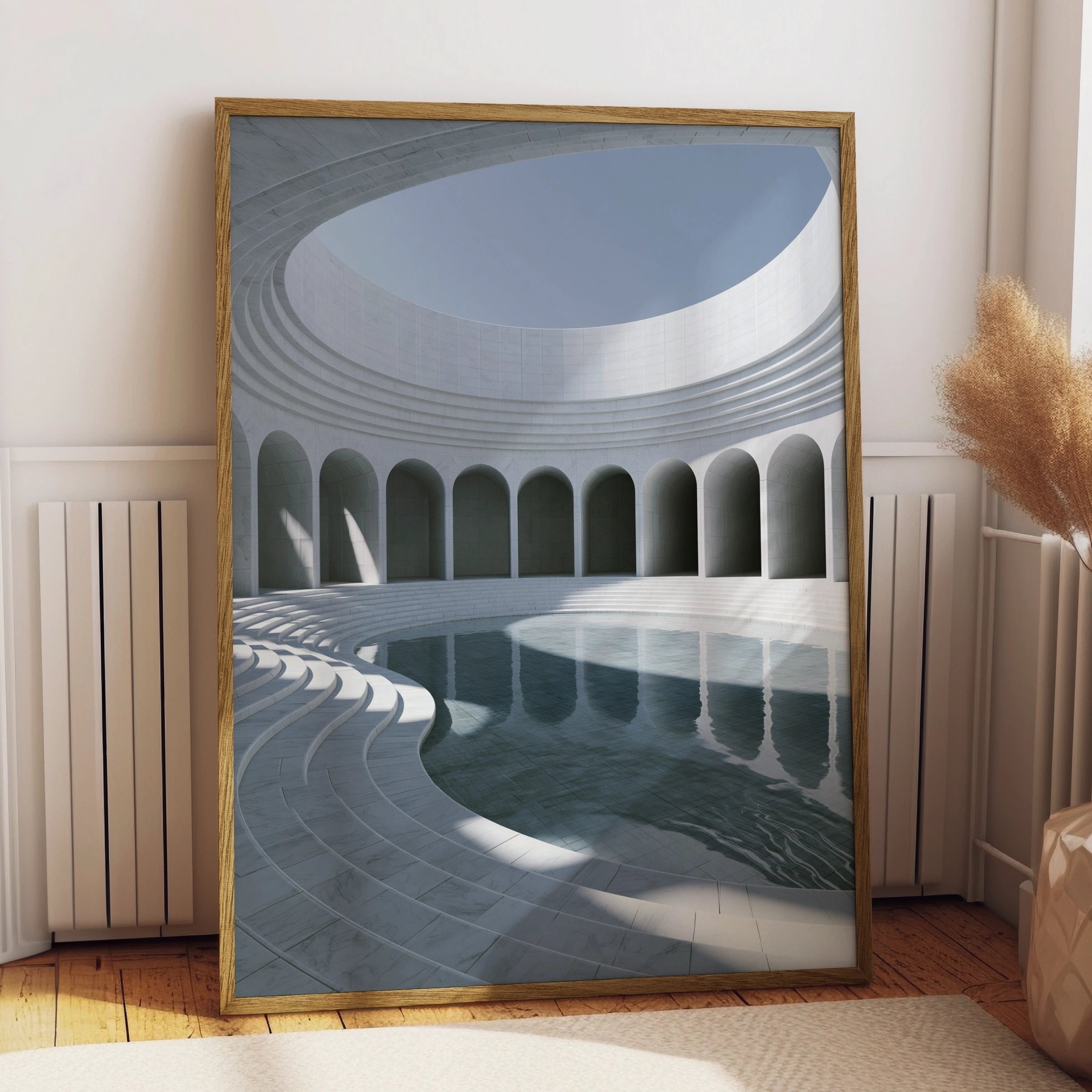 Marble Museum Pool Arches Poster, Minimalist Architecture Print, White Rotunda Wall Art