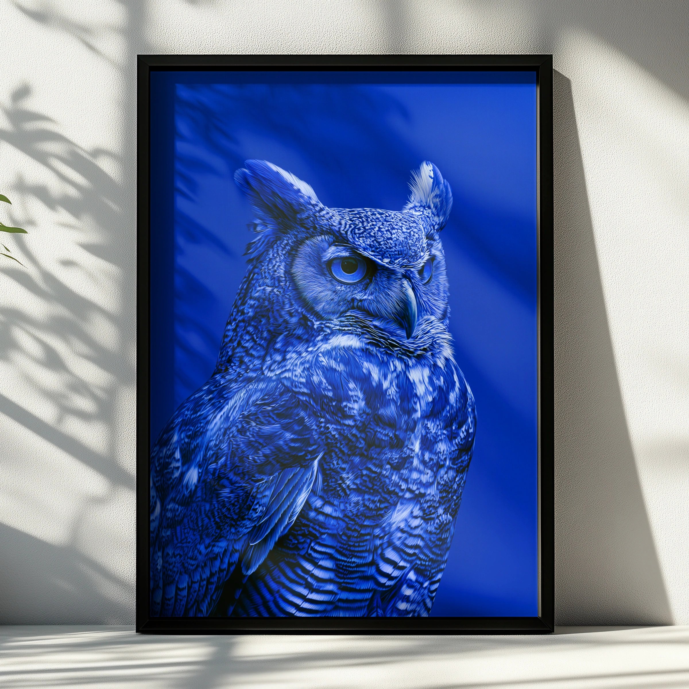 Blue Owl Portrait Poster, Bold Cobalt Wildlife Wall Art Print