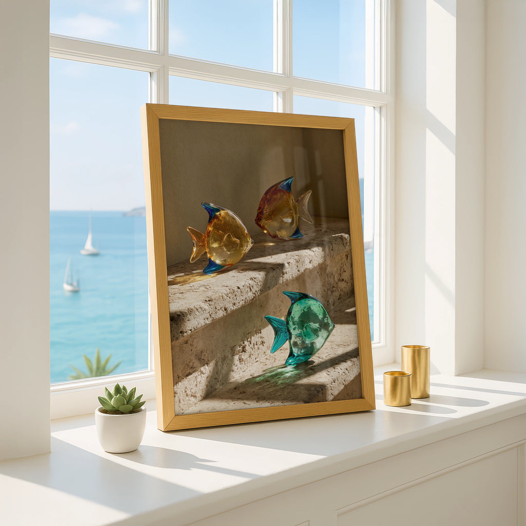 Glass Fish Travertine Steps Poster, Colourful Sculpture Art Print