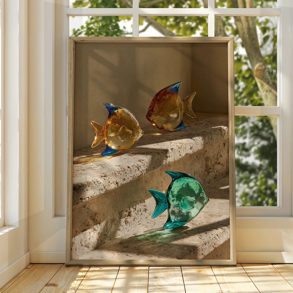 Glass Fish Travertine Steps Poster, Colourful Sculpture Art Print