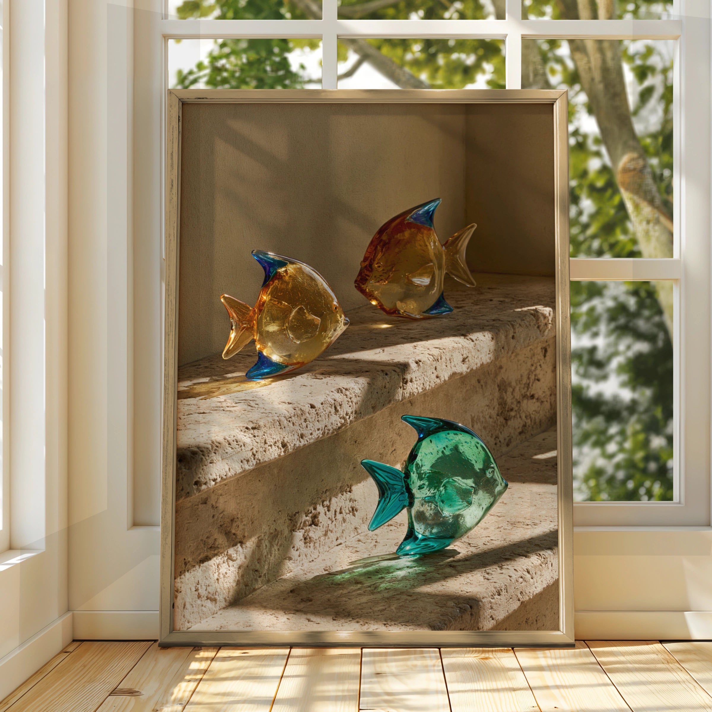 Glass Fish Travertine Steps Poster, Colourful Sculpture Art Print