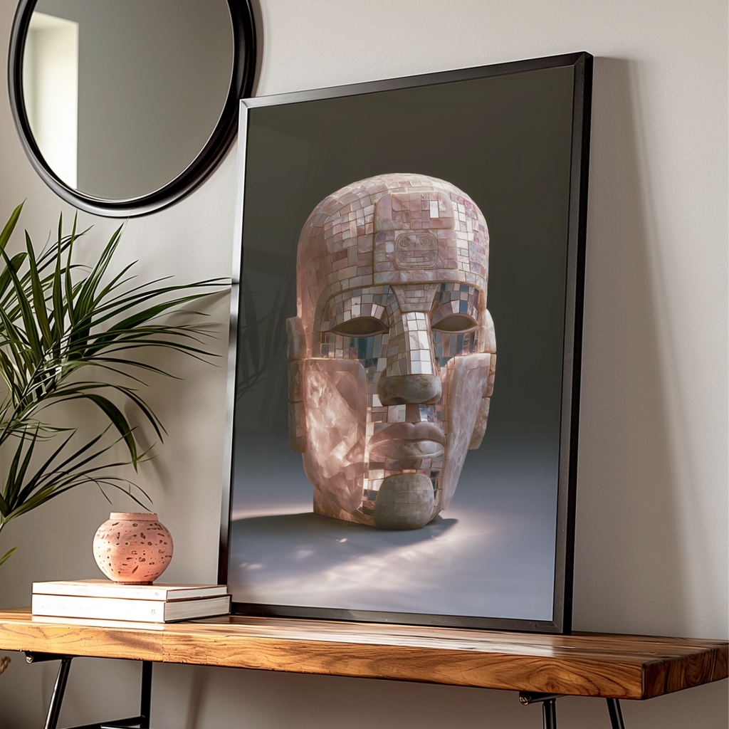 Maya Mosaic Mask Poster, Ancient Mesoamerican Art, Pink Stone Print