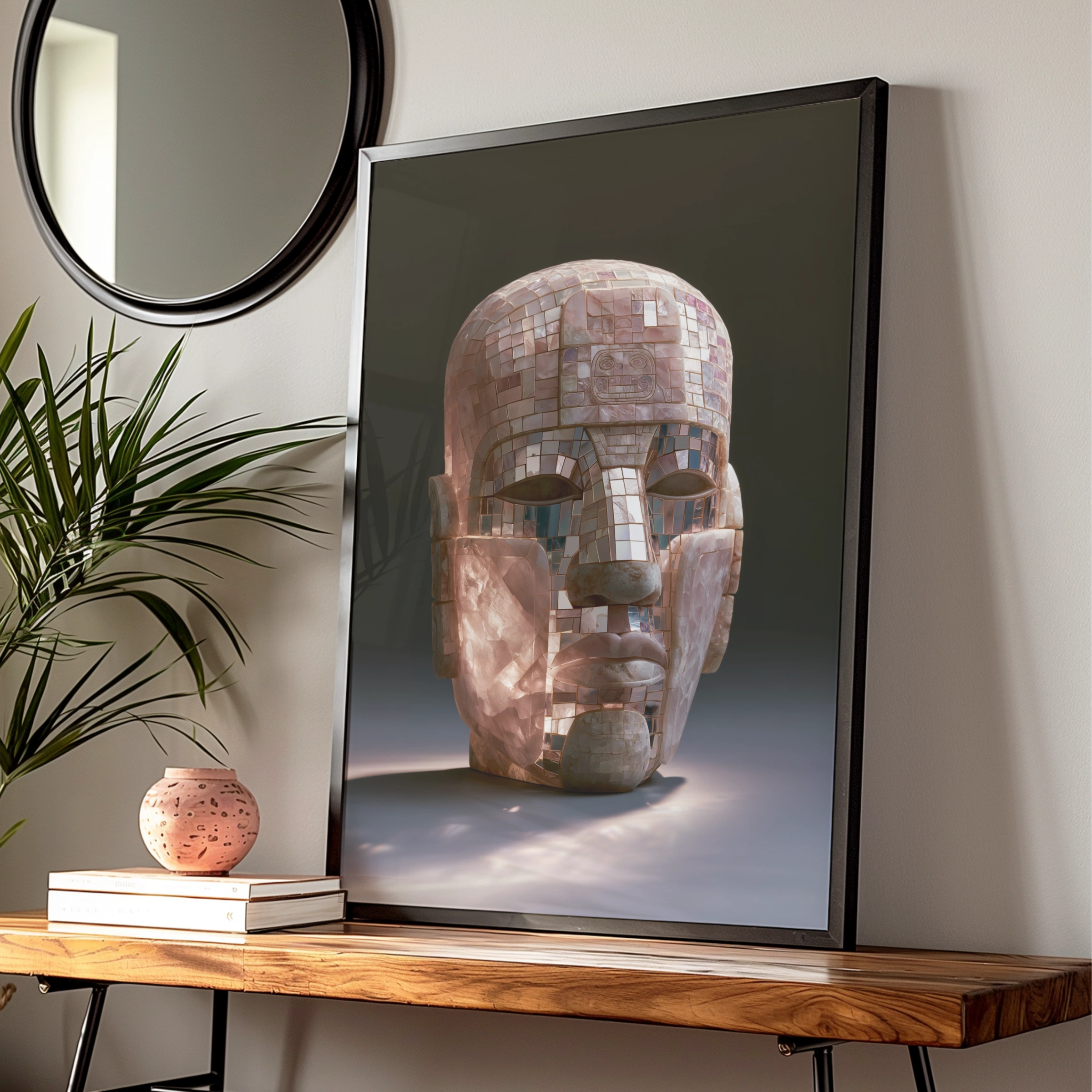 Maya Mosaic Mask Poster, Ancient Mesoamerican Art, Pink Stone Print