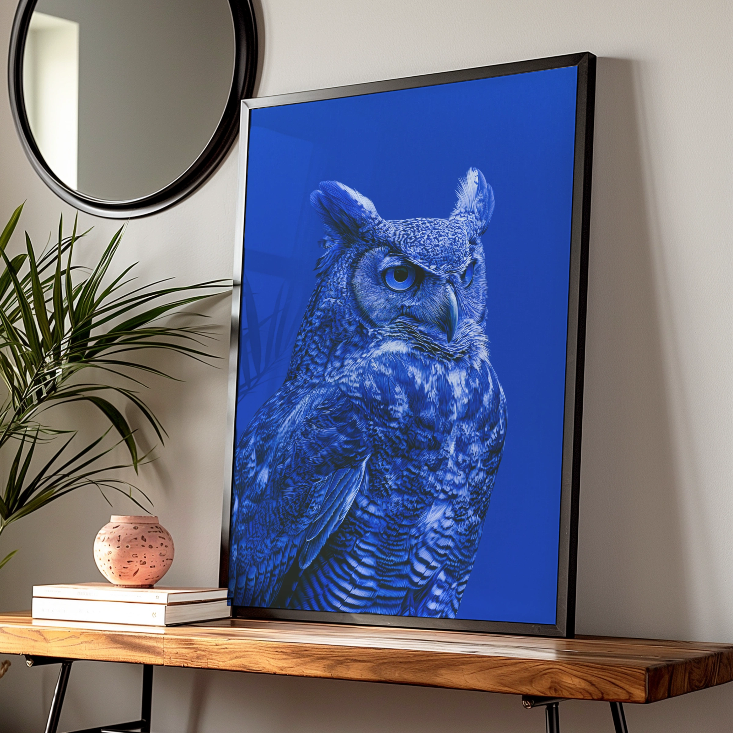 Blue Owl Portrait Poster, Bold Cobalt Wildlife Wall Art Print