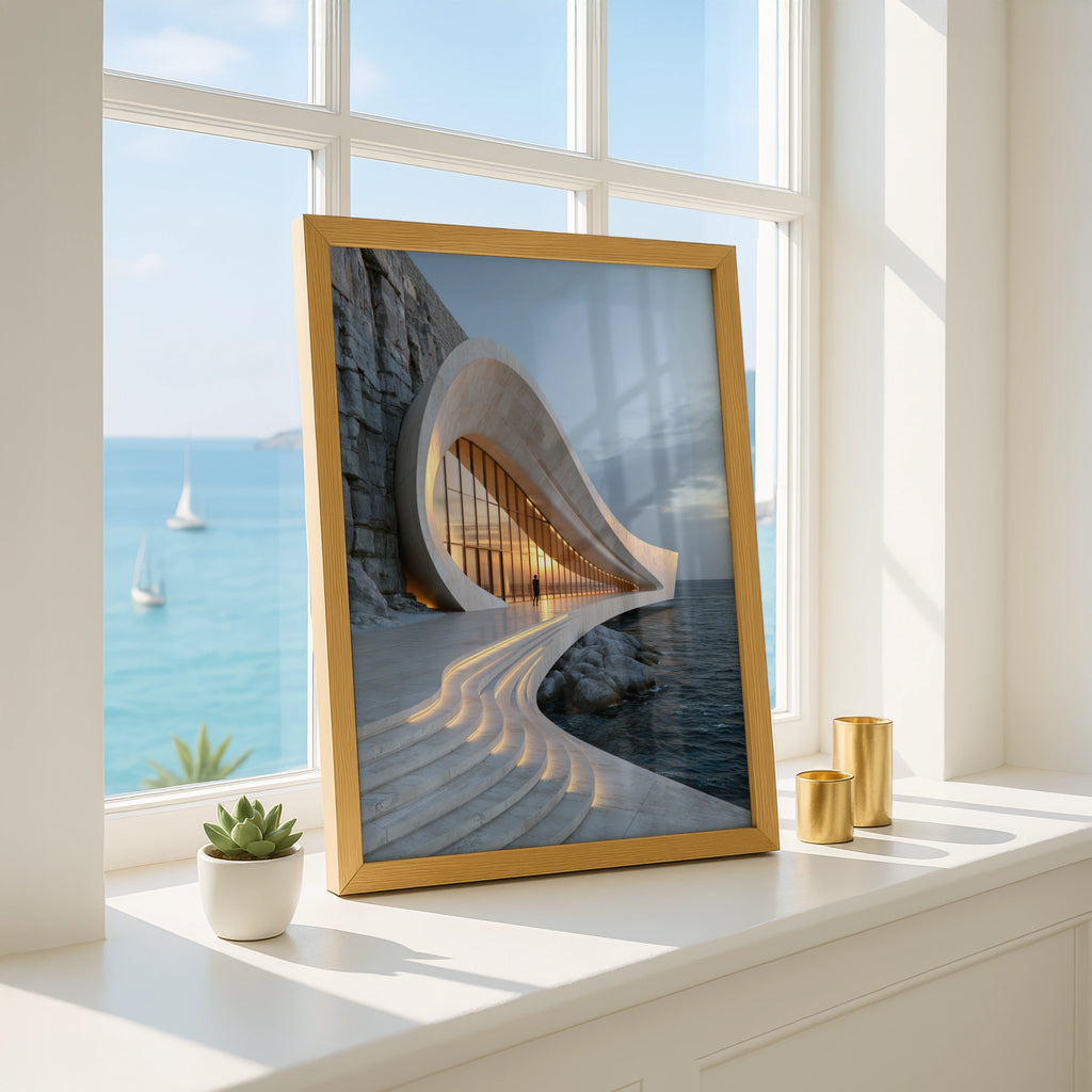 Travertine Sea Architecture Poster, Coastal Curved Building, Modern Art Print
