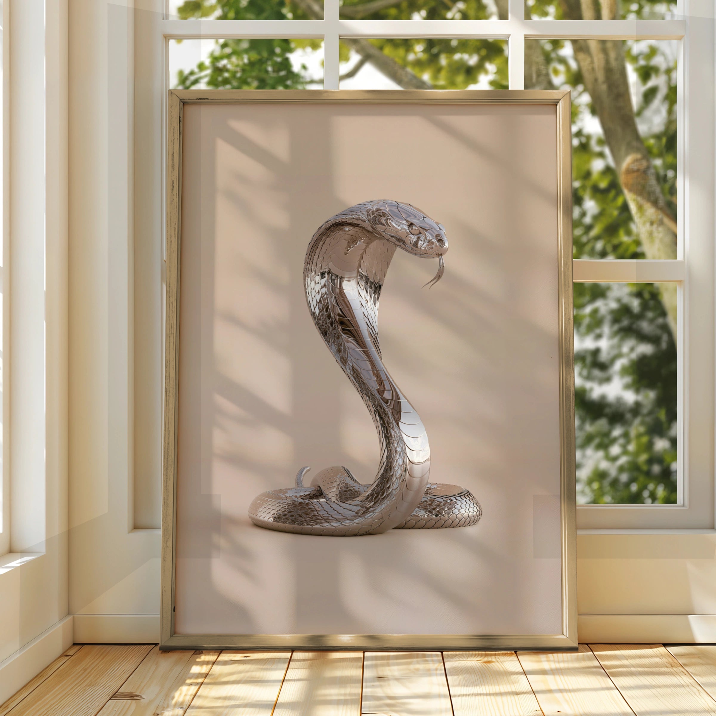 Chrome Cobra Snake Poster, Silver Metallic Wall Art, Modern Animal Print