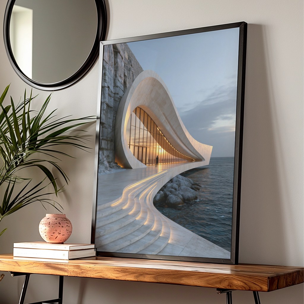 Travertine Sea Architecture Poster, Coastal Curved Building, Modern Art Print