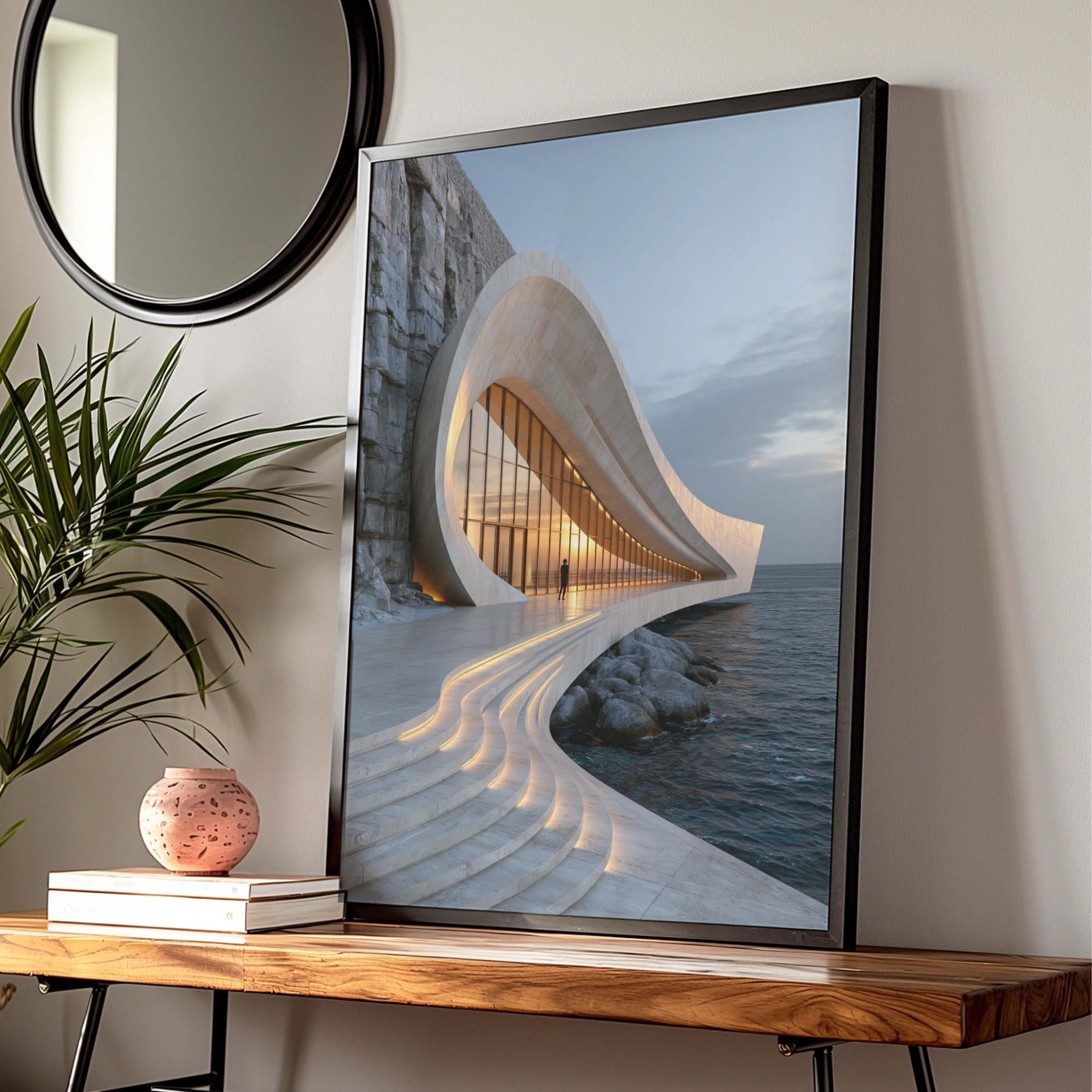 Travertine Sea Architecture Poster, Coastal Curved Building, Modern Art Print