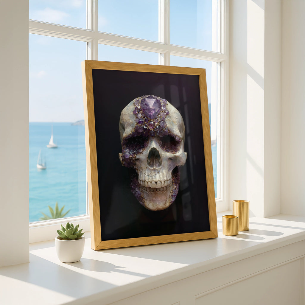 Amethyst Crystal Skull Poster, Purple Gemstone Wall Art, Dark Gothic Print