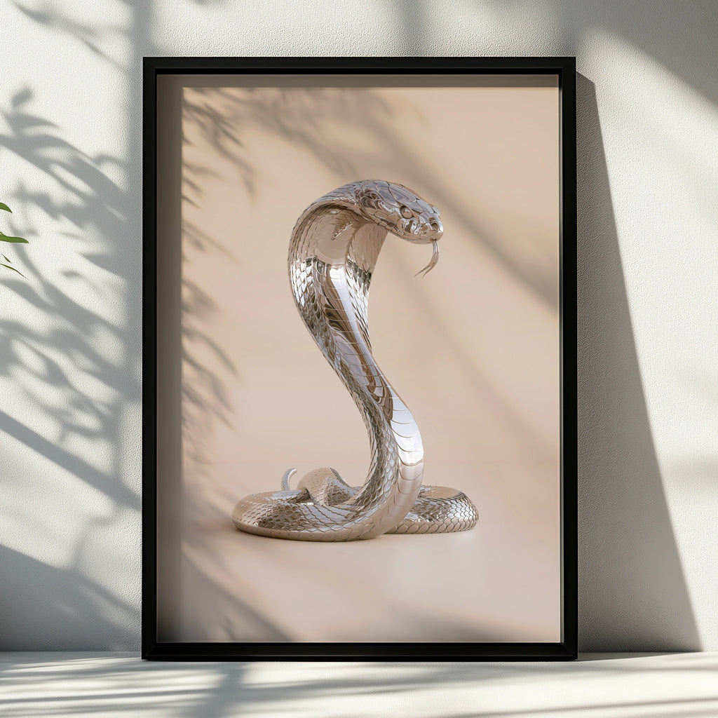 Chrome Cobra Snake Poster, Silver Metallic Wall Art, Modern Animal Print
