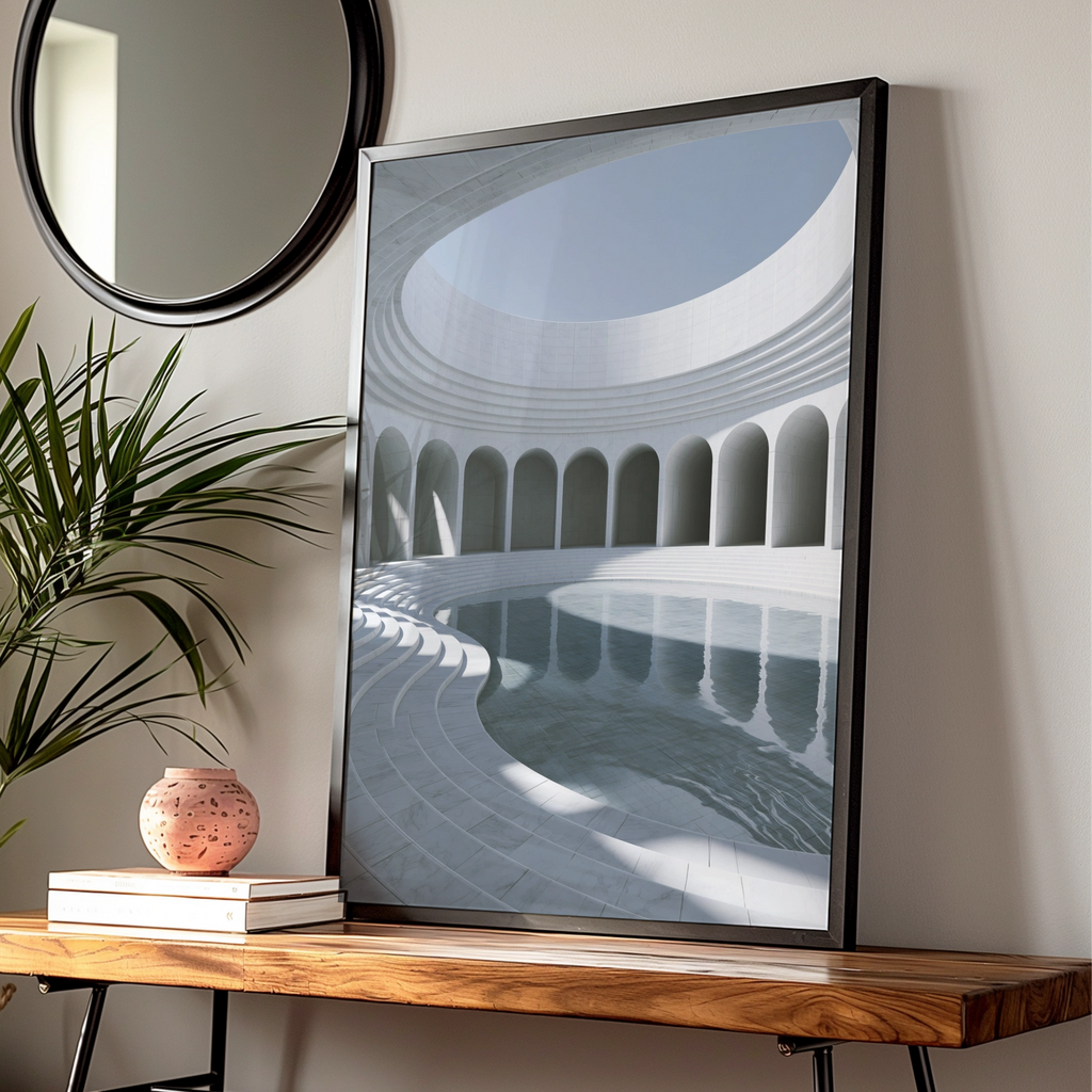 Marble Museum Pool Arches Poster, Minimalist Architecture Print, White Rotunda Wall Art