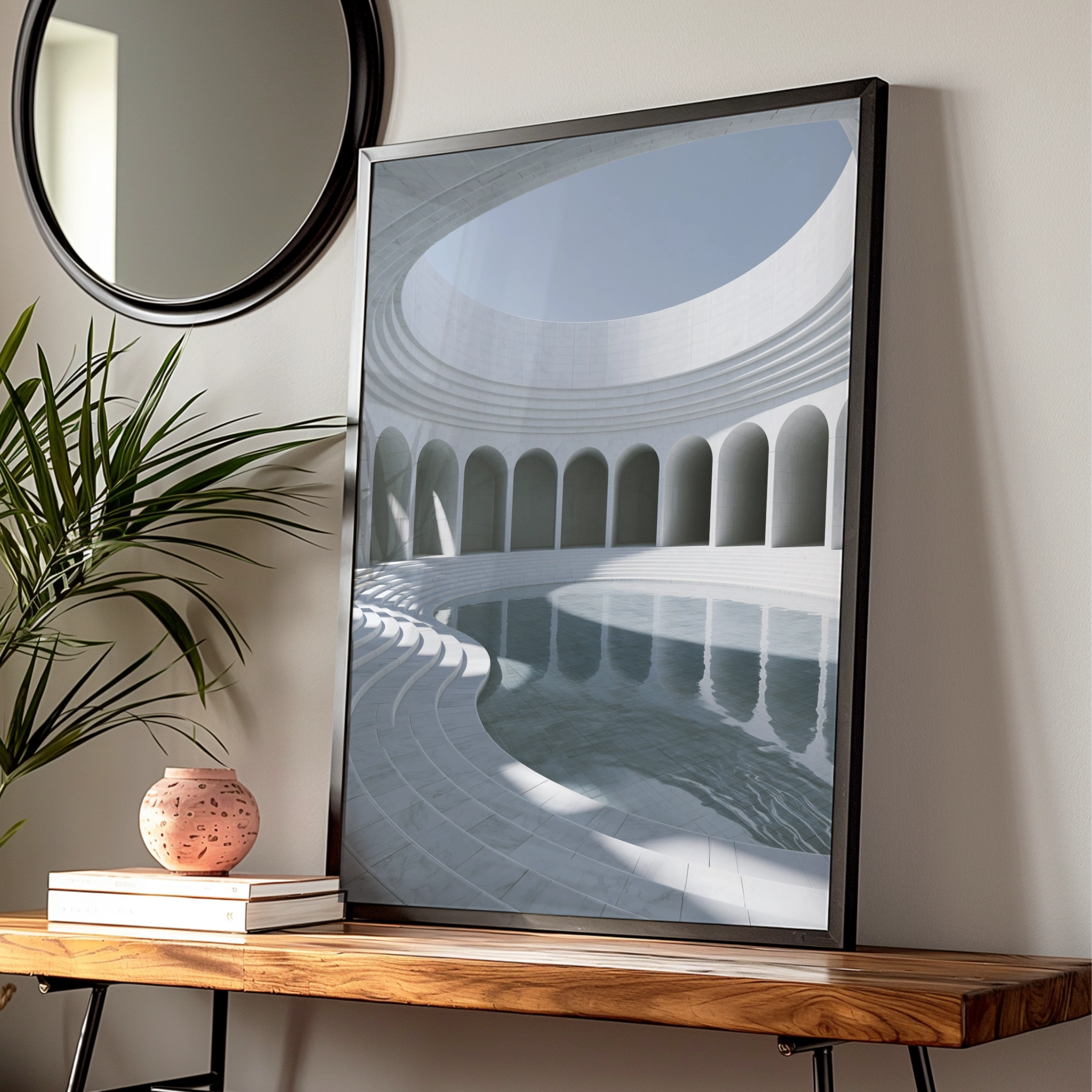 Marble Museum Pool Arches Poster, Minimalist Architecture Print, White Rotunda Wall Art