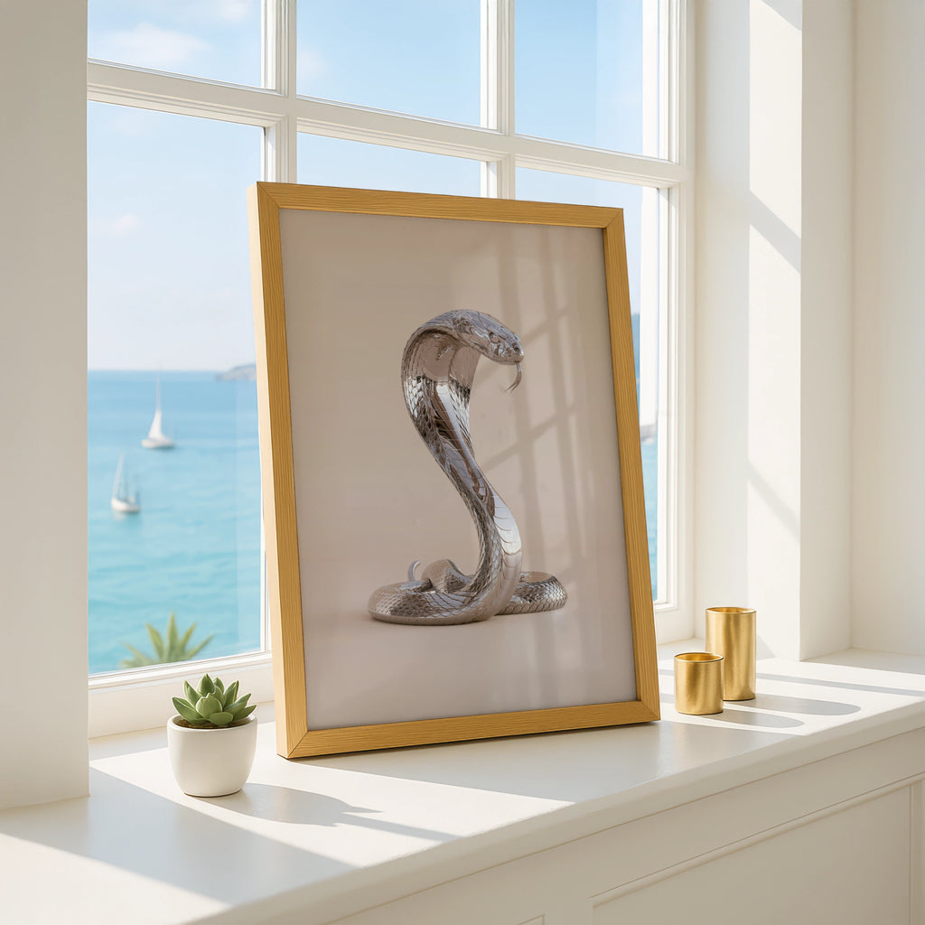 Chrome Cobra Snake Poster, Silver Metallic Wall Art, Modern Animal Print