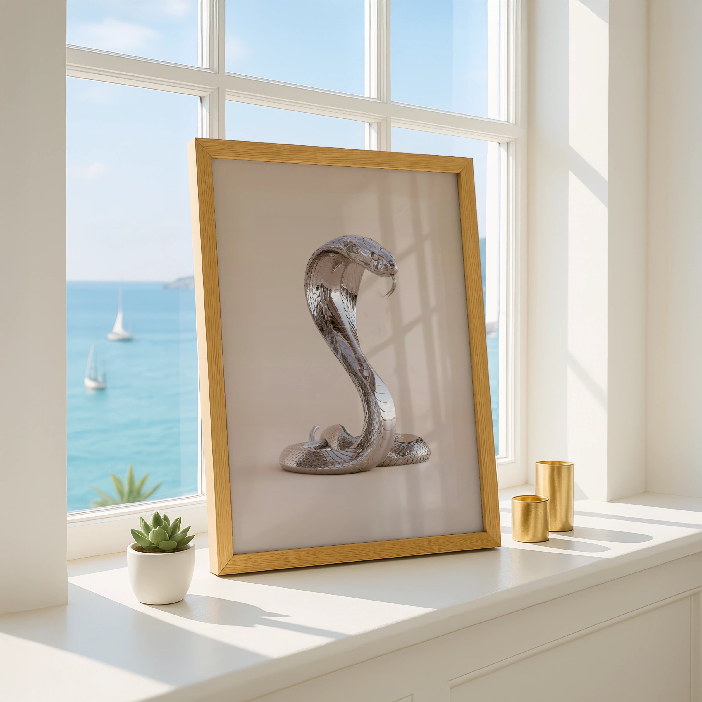 Chrome Cobra Snake Poster, Silver Metallic Wall Art, Modern Animal Print