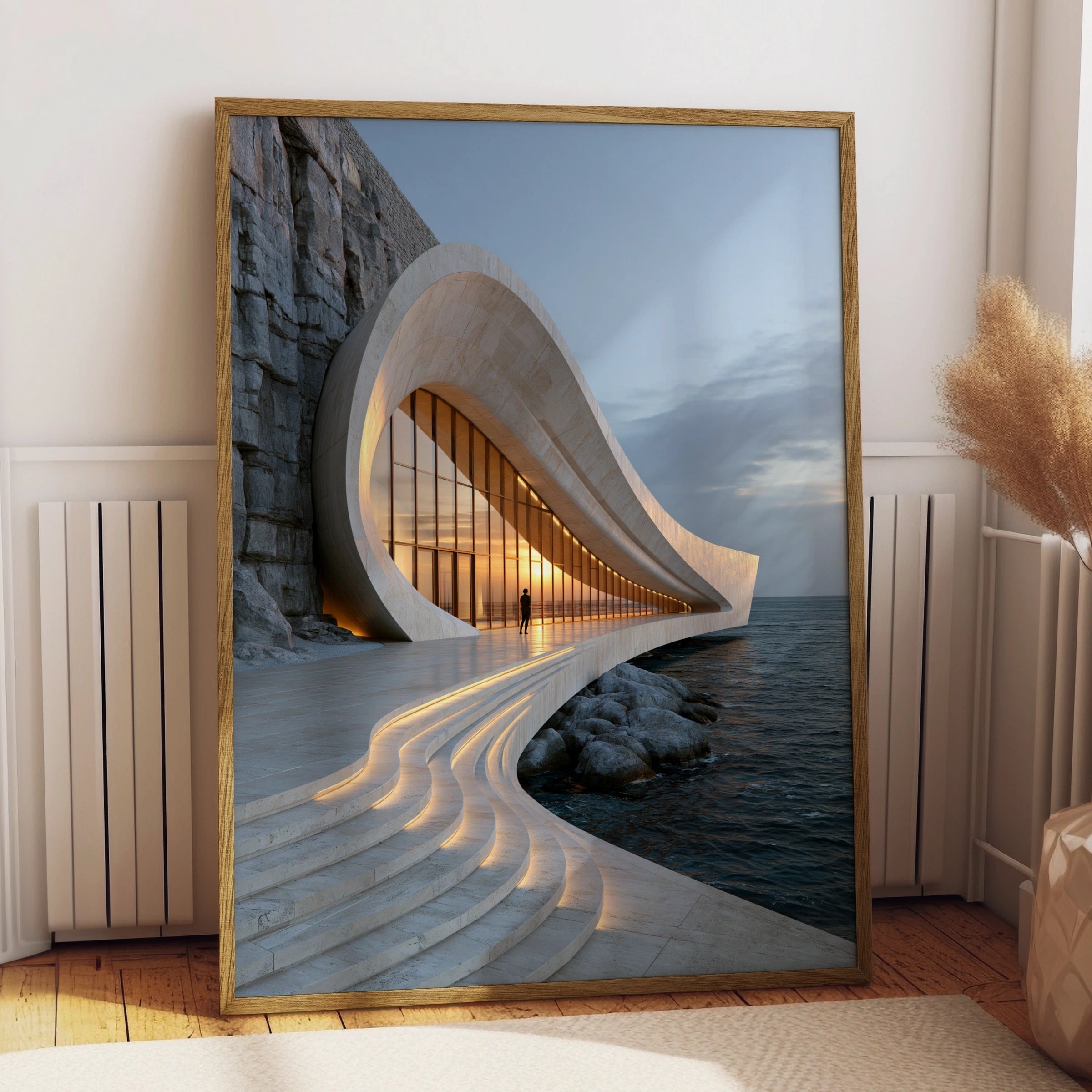 Travertine Sea Architecture Poster, Coastal Curved Building, Modern Art Print