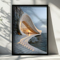 Travertine Sea Architecture Poster, Coastal Curved Building, Modern Art Print