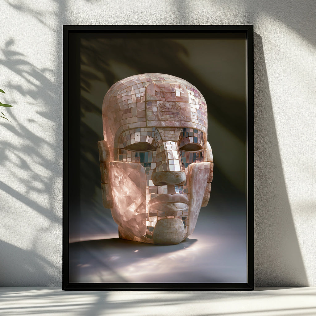 Maya Mosaic Mask Poster, Ancient Mesoamerican Art, Pink Stone Print