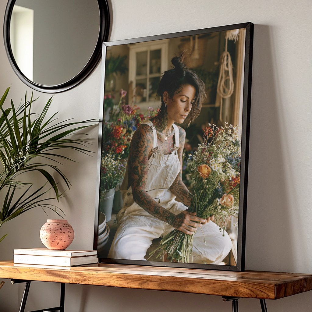 Tattooed Florist Poster, Flower Shop Wall Art, Boho Portrait Print