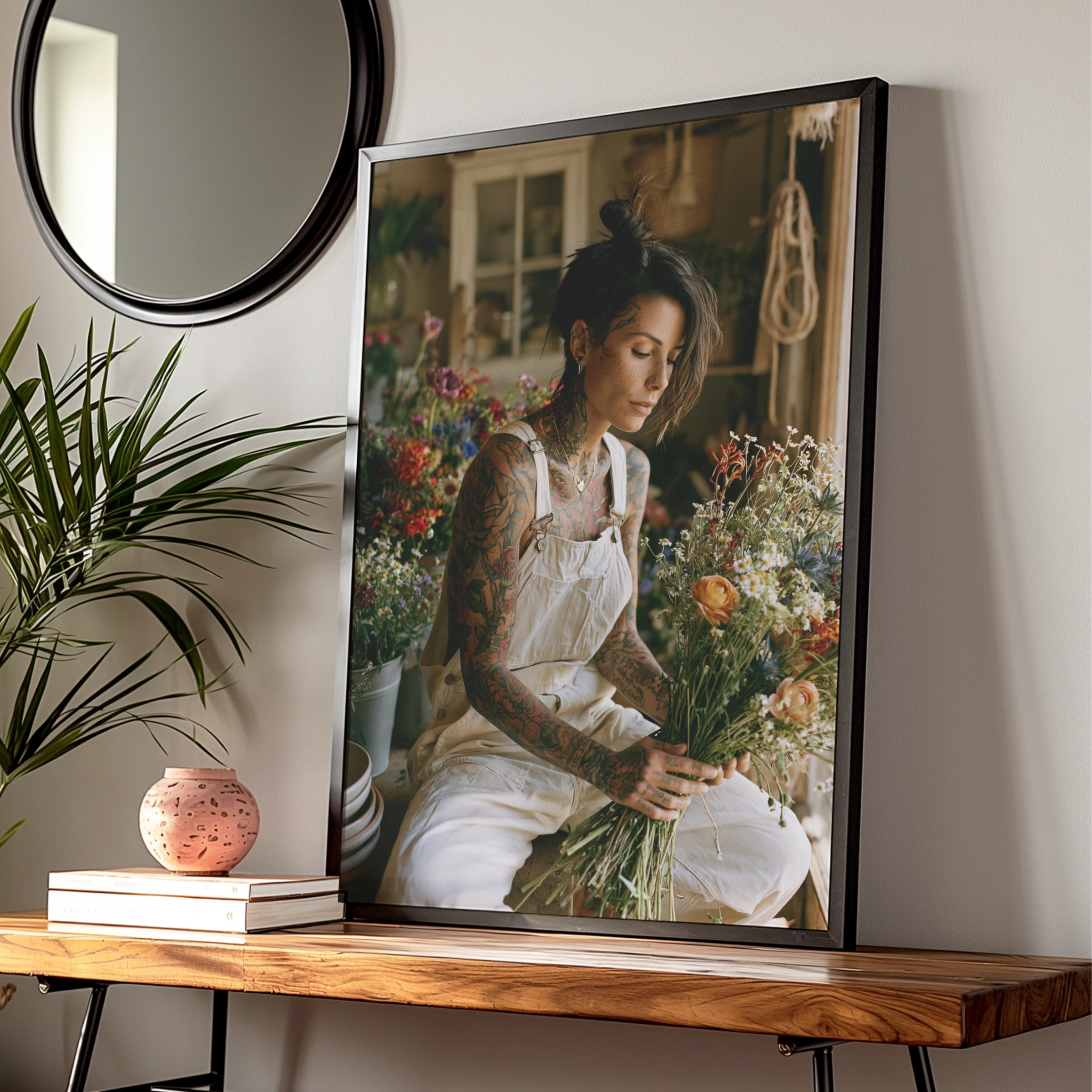 Tattooed Florist Poster, Flower Shop Wall Art, Boho Portrait Print