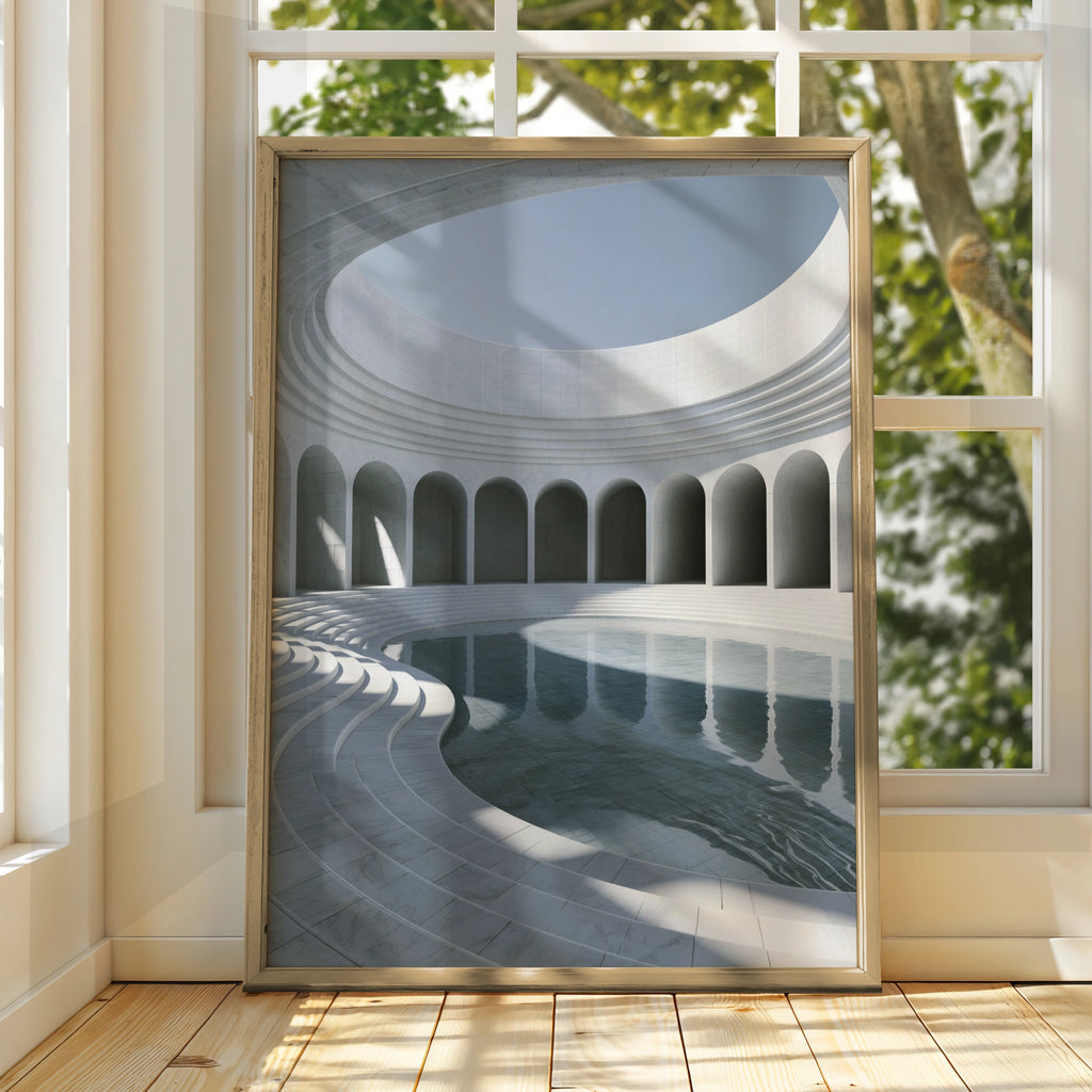 Marble Museum Pool Arches Poster, Minimalist Architecture Print, White Rotunda Wall Art