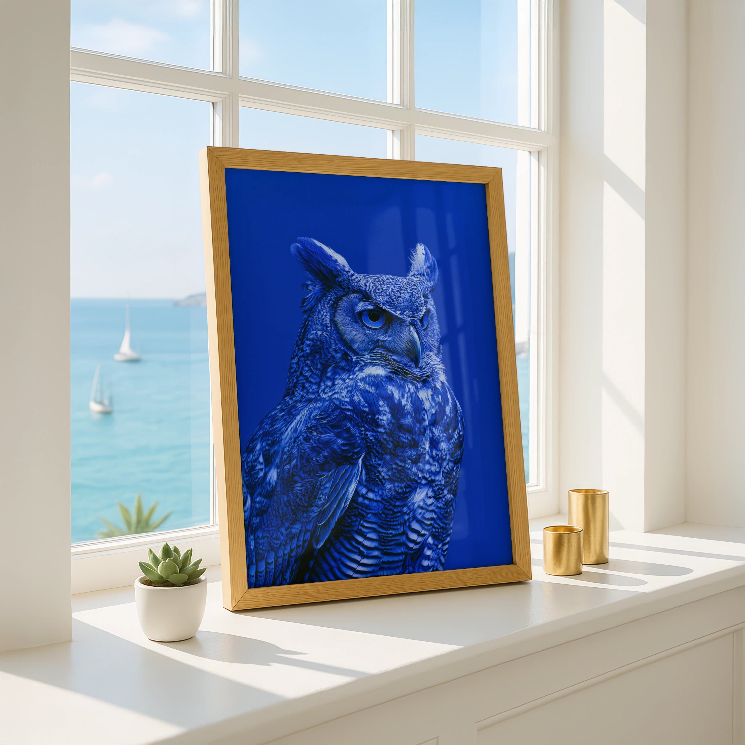 Blue Owl Portrait Poster, Bold Cobalt Wildlife Wall Art Print