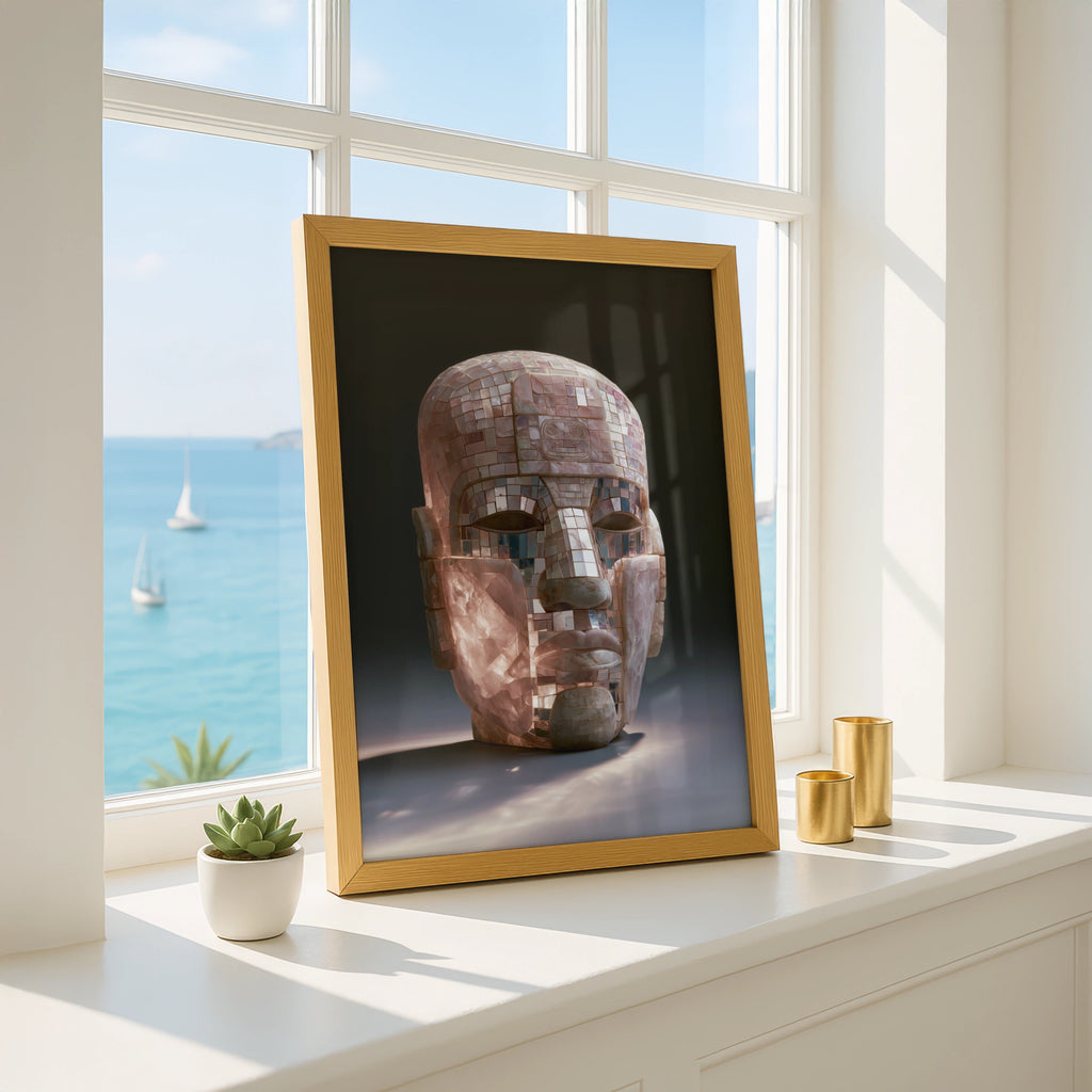 Maya Mosaic Mask Poster, Ancient Mesoamerican Art, Pink Stone Print