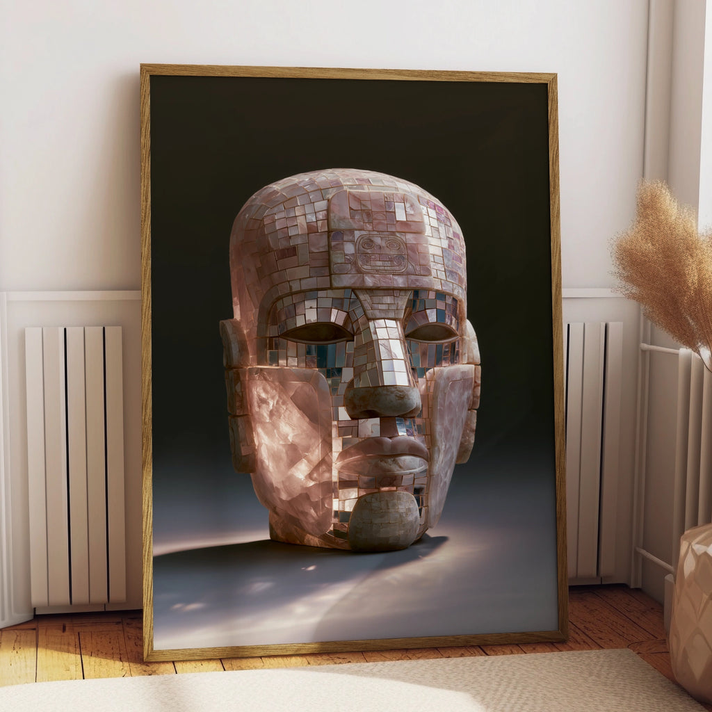 Maya Mosaic Mask Poster, Ancient Mesoamerican Art, Pink Stone Print