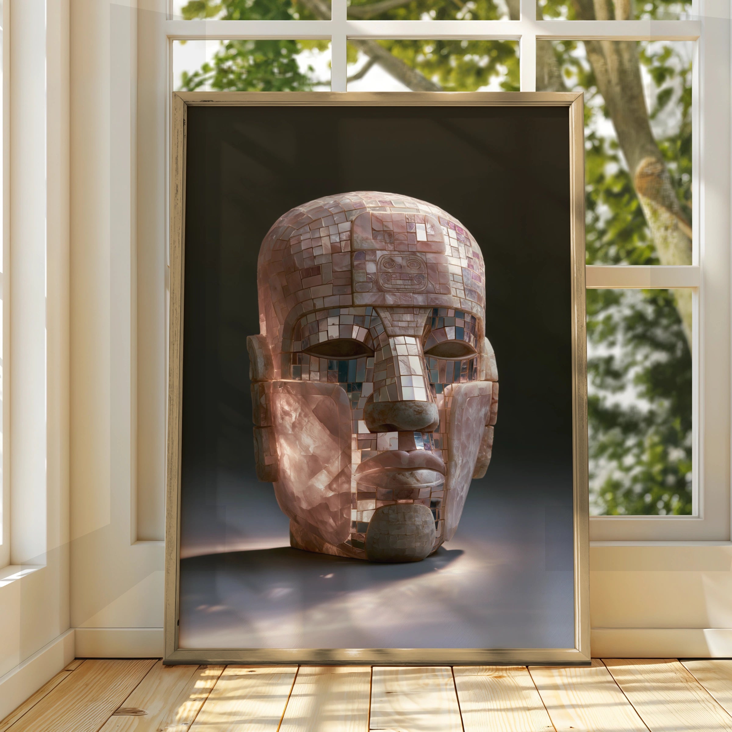Maya Mosaic Mask Poster, Ancient Mesoamerican Art, Pink Stone Print