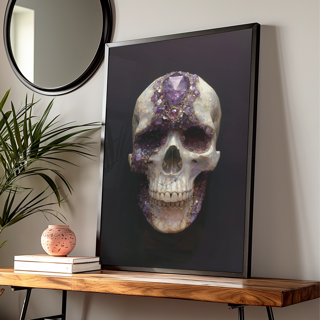 Amethyst Crystal Skull Poster, Purple Gemstone Wall Art, Dark Gothic Print