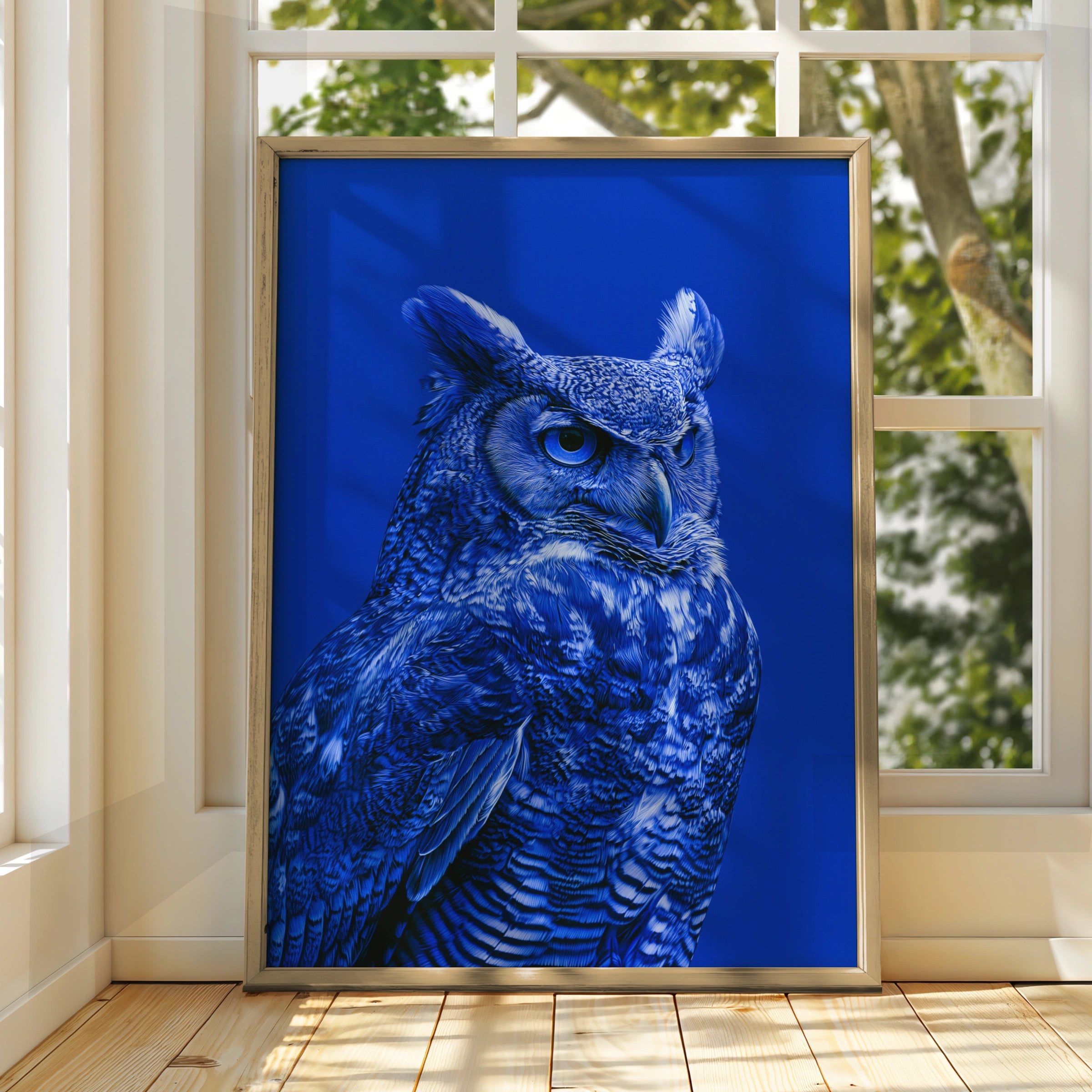 Blue Owl Portrait Poster, Bold Cobalt Wildlife Wall Art Print
