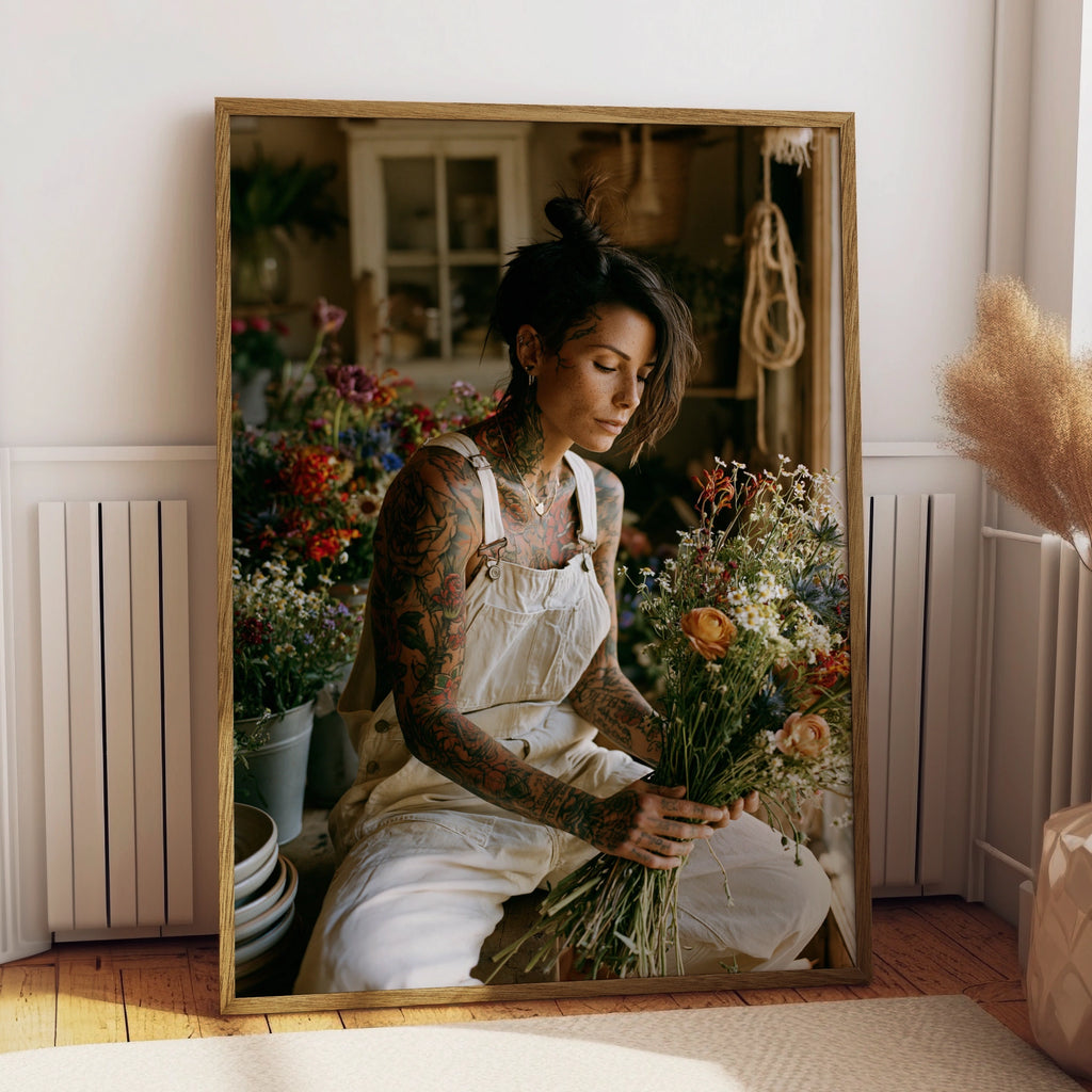 Tattooed Florist Poster, Flower Shop Wall Art, Boho Portrait Print
