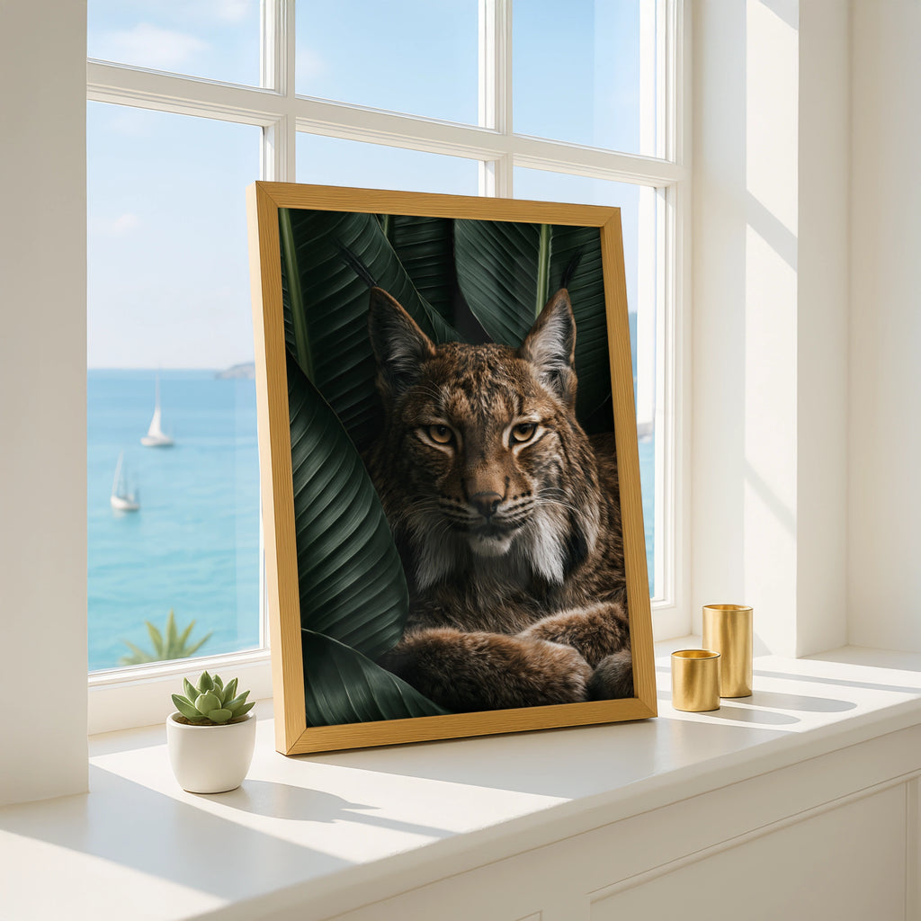 Lynx Portrait Tropical Leaves Wall Art Poster, Wild Cat Print