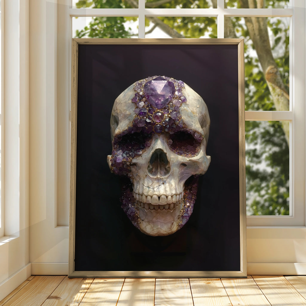Amethyst Crystal Skull Poster, Purple Gemstone Wall Art, Dark Gothic Print