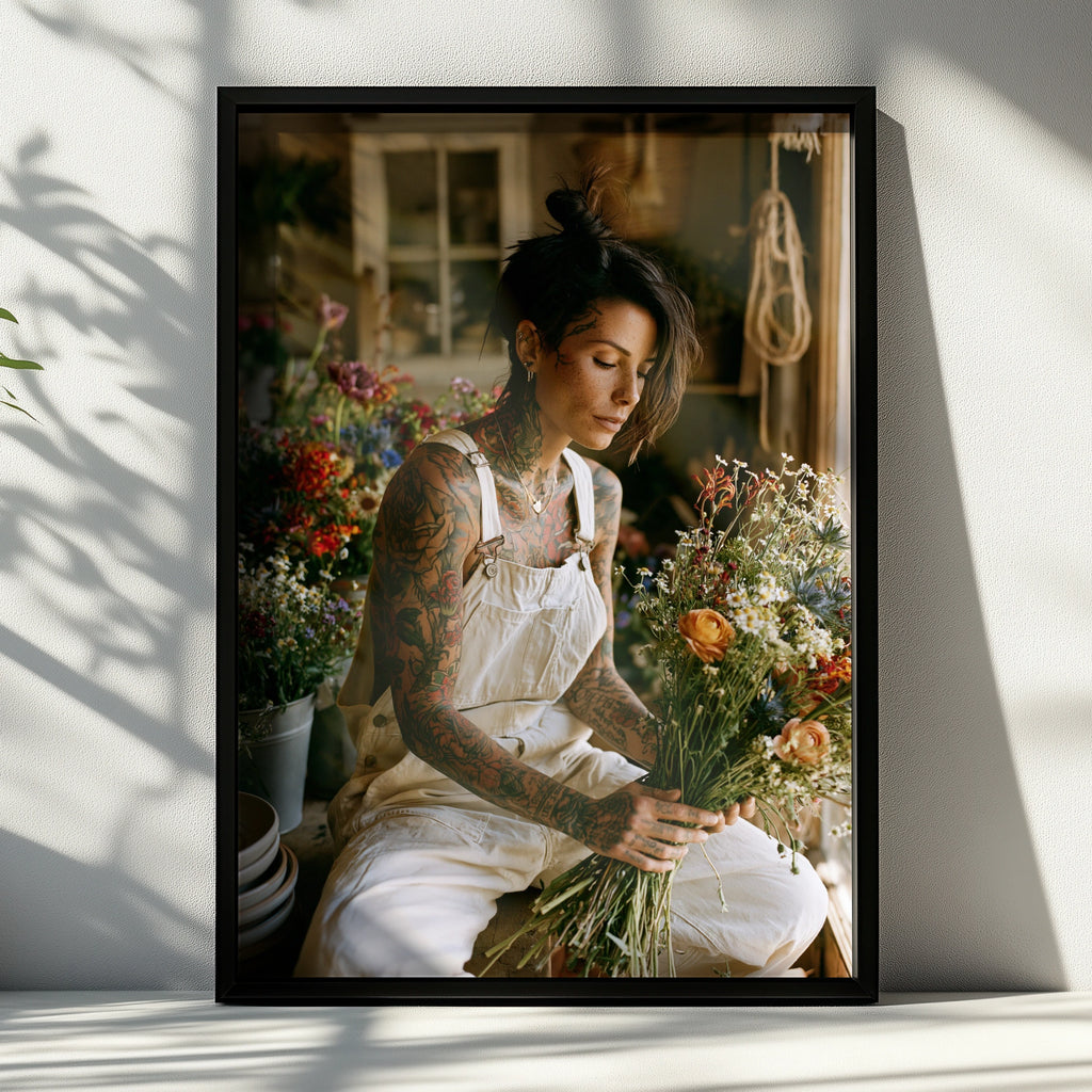 Tattooed Florist Poster, Flower Shop Wall Art, Boho Portrait Print
