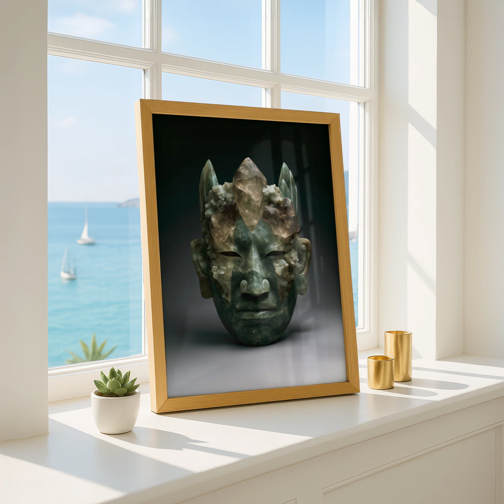 Maya Olmec Jade Mask Crystal Poster, Ancient Mesoamerican Wall Art Print