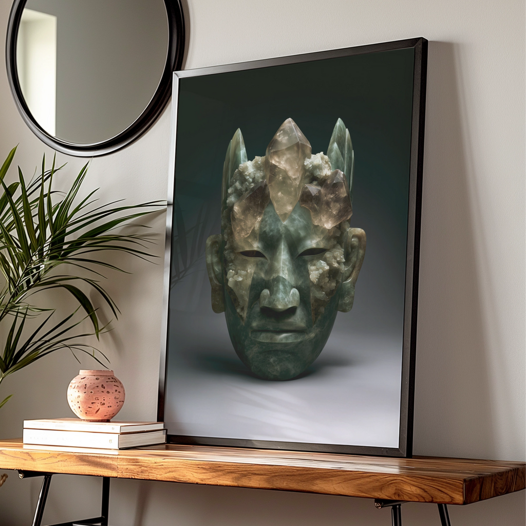 Maya Olmec Jade Mask Crystal Poster, Ancient Mesoamerican Wall Art Print