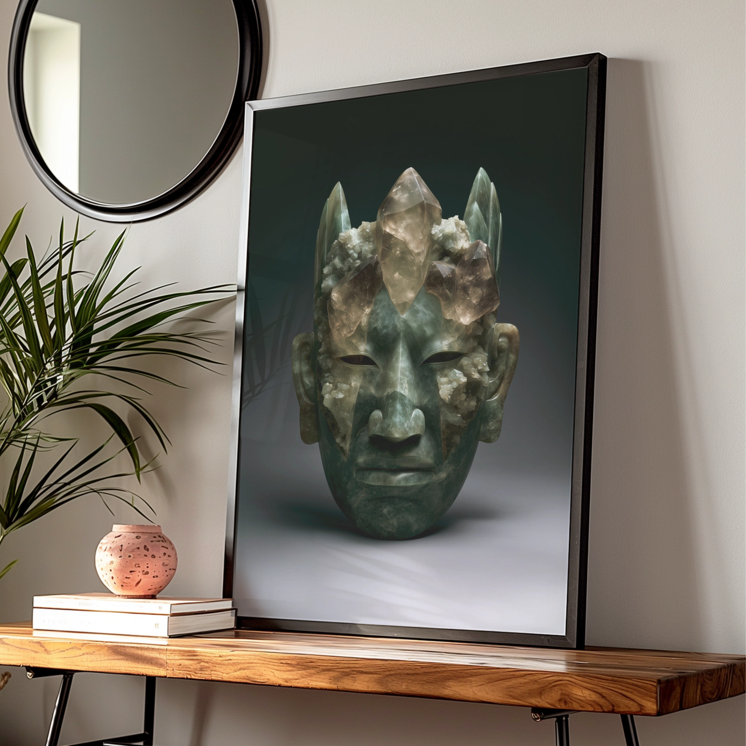 Maya Olmec Jade Mask Crystal Poster, Ancient Mesoamerican Wall Art Print