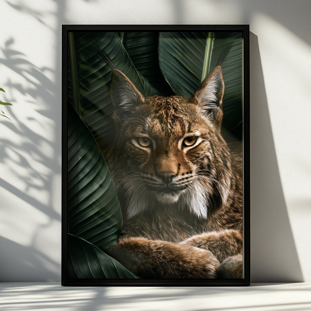 Lynx Portrait Tropical Leaves Wall Art Poster, Wild Cat Print
