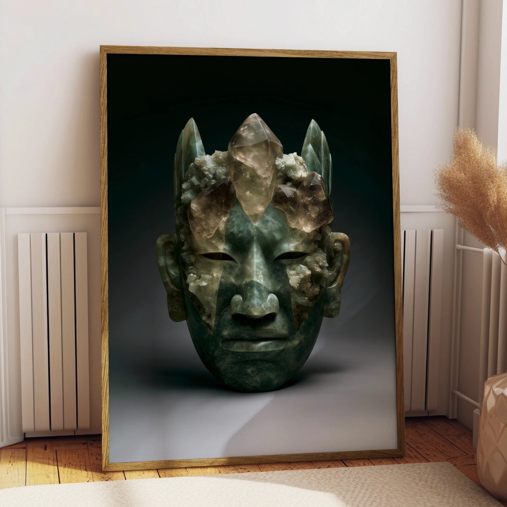 Maya Olmec Jade Mask Crystal Poster, Ancient Mesoamerican Wall Art Print