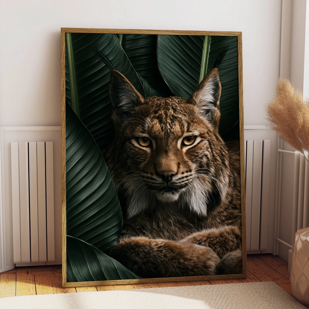 Lynx Portrait Tropical Leaves Wall Art Poster, Wild Cat Print