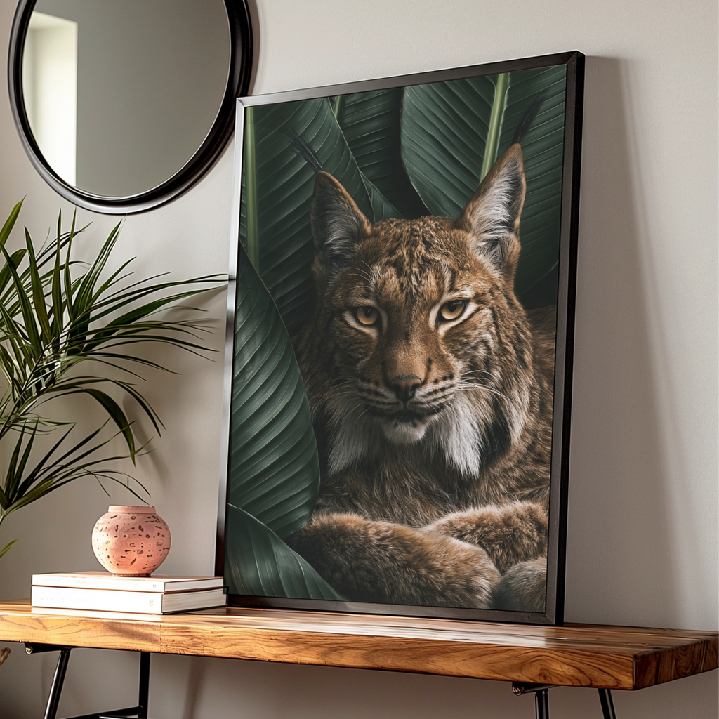 Lynx Portrait Tropical Leaves Wall Art Poster, Wild Cat Print