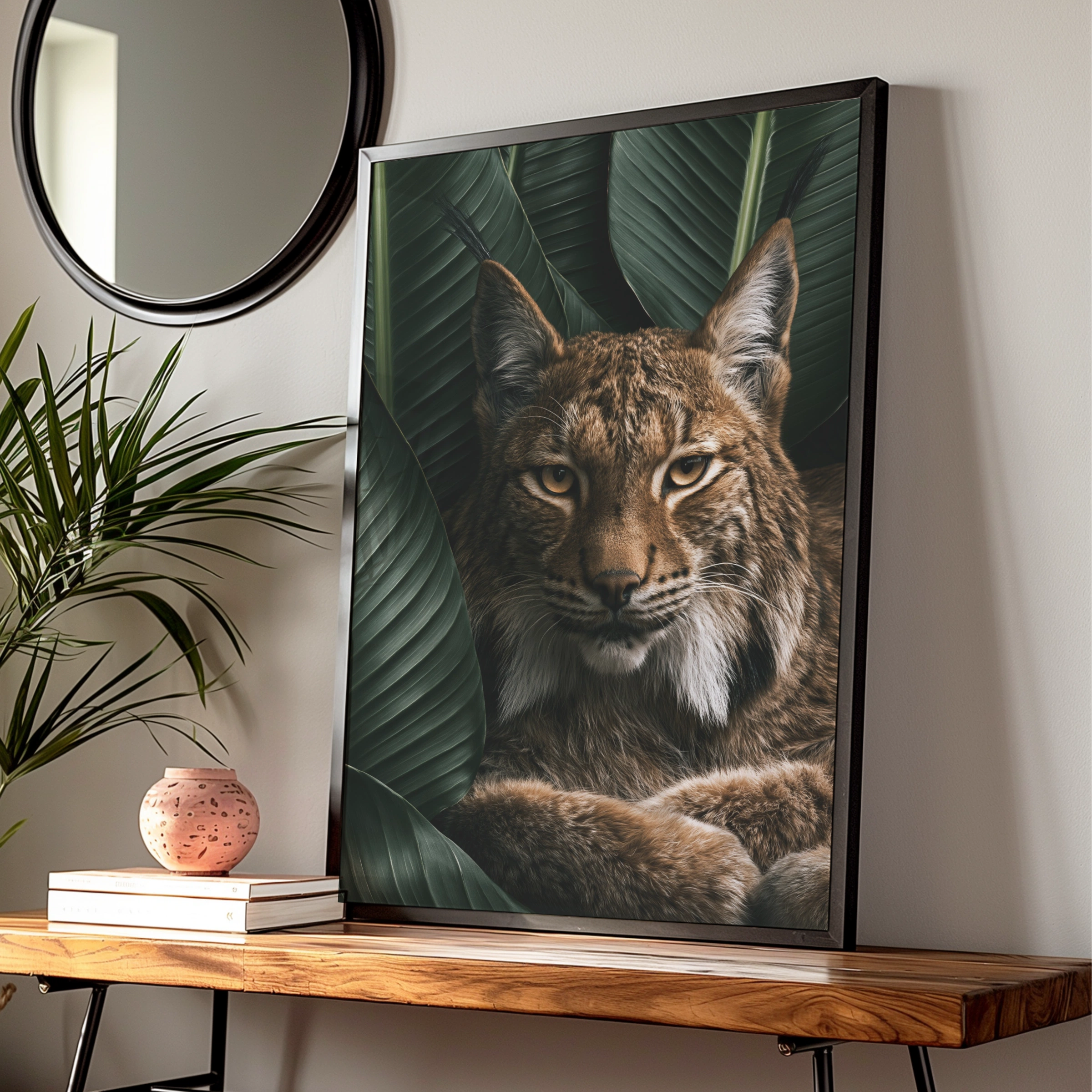 Lynx Portrait Tropical Leaves Wall Art Poster, Wild Cat Print