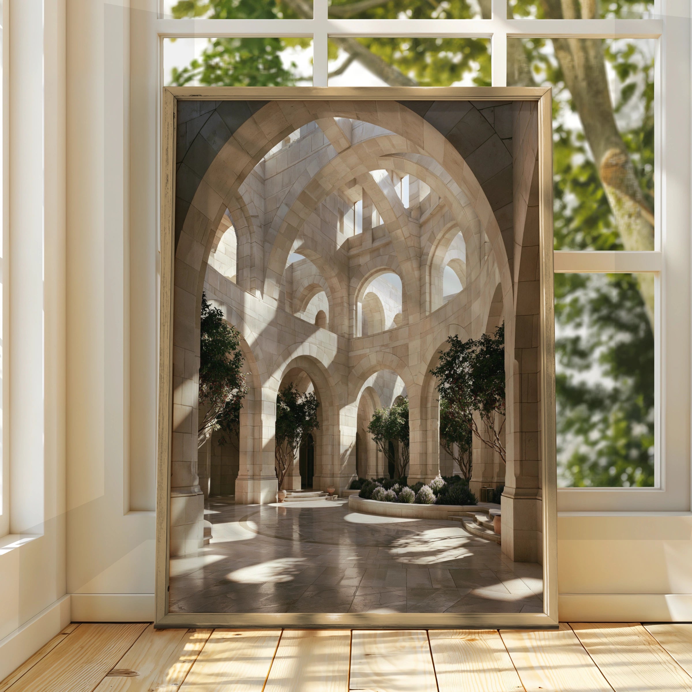 Travertine Courtyard Arches Poster, Stone Architecture Print, Neutral Beige Wall Art
